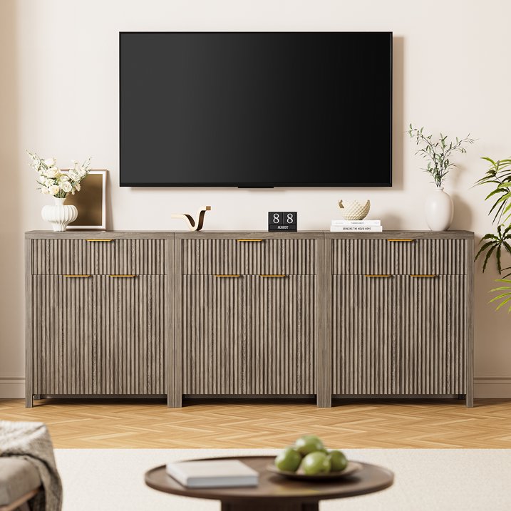 Aufeile 85" W Sideboard Buffet Cabinet with Storage Drawers, Set of 3 Fluted Accent Cabinet with Adjustable Shelves, Modular Storage Cabinet for Dining Room, Kitchen, Living Room, Gray Oak