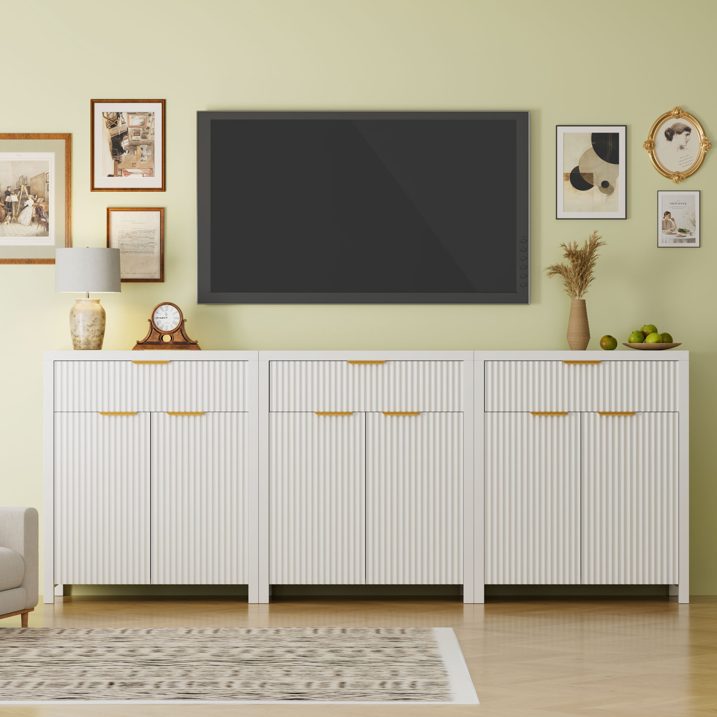 Aufeile 85" W Sideboard Buffet Cabinet with Storage Drawers, Set of 3 Fluted Accent Cabinet with Adjustable Shelves, Modular Storage Cabinet for Dining Room, Kitchen, Living Room, White
