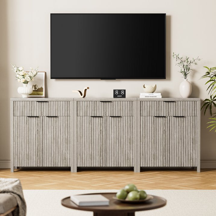 Aufeile 85" W Sideboard Buffet Cabinet with Storage Drawers, Set of 3 Fluted Accent Cabinet with Adjustable Shelves, Modular Storage Cabinet for Dining Room, Kitchen, Living Room, White Oak