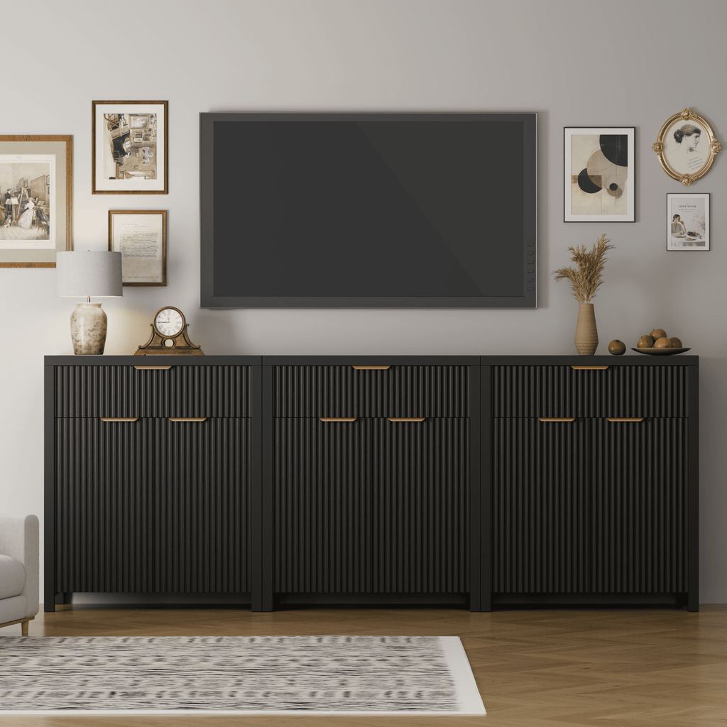 Aufeile 85" W Sideboard Buffet Cabinet with Storage Drawers, Set of 3 Fluted Accent Cabinet with Adjustable Shelves, Modular Storage Cabinet for Dining Room, Kitchen, Living Room, Black