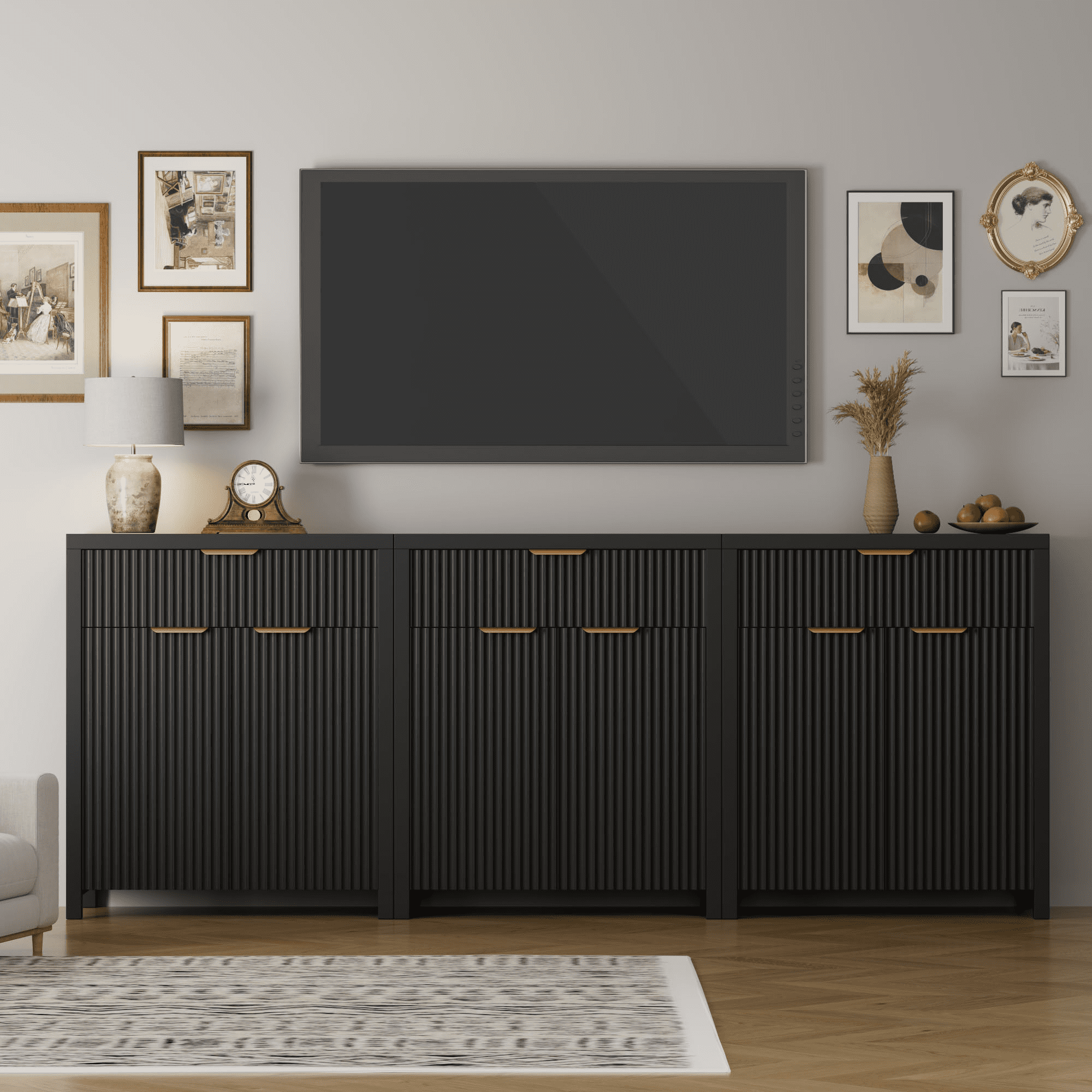 Aufeile 85" W Sideboard Buffet Cabinet with Storage Drawers, Set of 3 Fluted Accent Cabinet with Adjustable Shelves, Modular Storage Cabinet for Dining Room, Kitchen, Living Room, Black