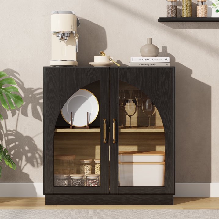 Aufeile Arched Sideboard, Buffet Cabinet with Glass Door & Adjustable Shelf, Accent Storage Cabinet for Kitchen Dining Living Room Entryway, Black