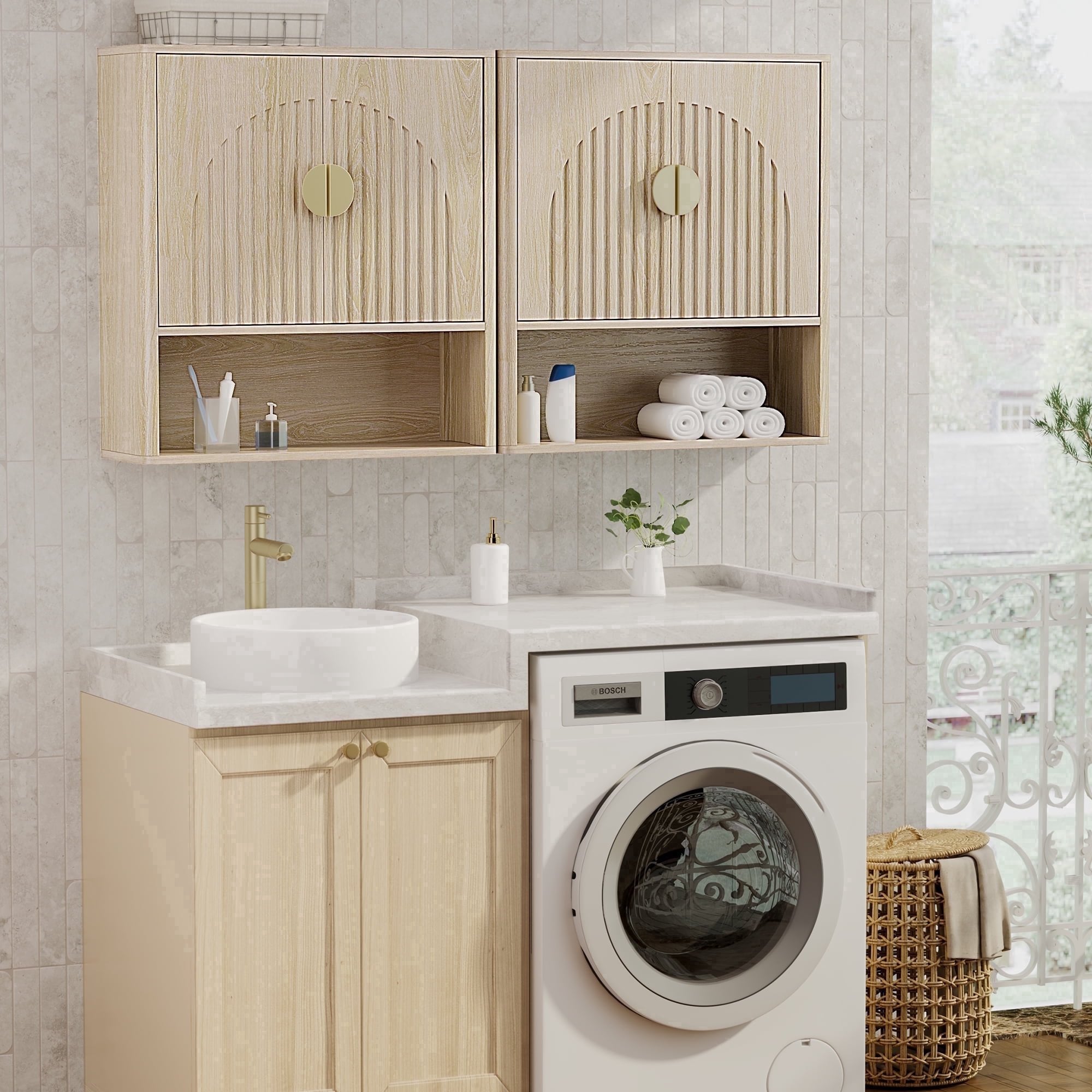 Aufeile Bathroom Storage Cabinet with Arched Door, Medicine Cabinet with Adjustable & Open Shelf over the Toilet, Wall Mounted for Bathroom, Laundry, Living Room, Kitchen, Oak set of 2