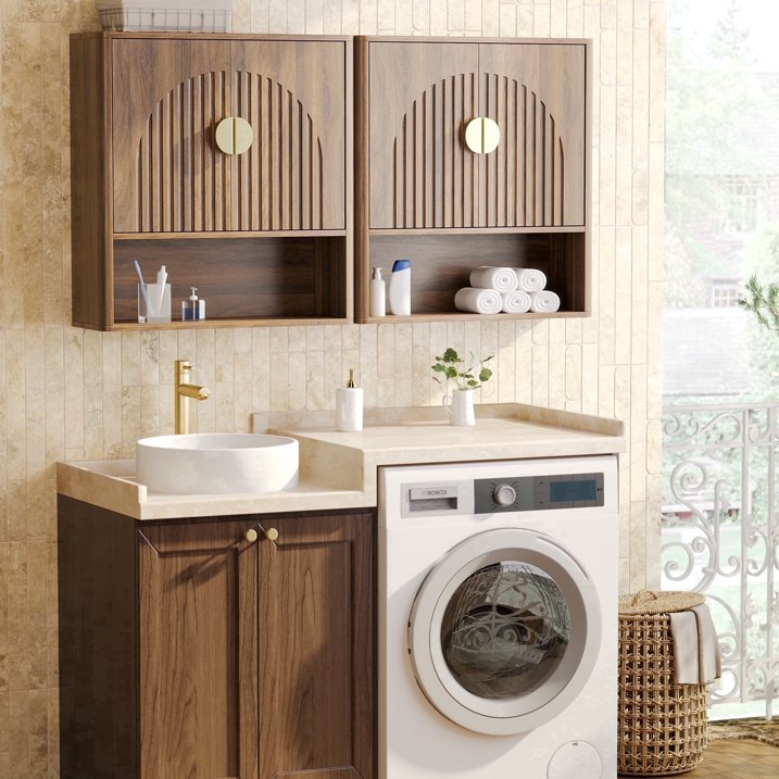 Aufeile Bathroom Medicine Cabinet with Arched Door, Wall Mounted Over The Toilet Storage Cabinet with Adjustable Shelf & Open Shelf for Bathroom, Laundry, Living Room, Kitchen, Walnut Set of 2