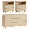 Aufeile Bedroom Dresser and Nightstand 3 Piece Set, 53" 6 Drawer Wood Dresser & Nightstand Set of 2 with Charging Station, Modern Curved Bedroom Furniture Set, Chest of Drawers, Natural