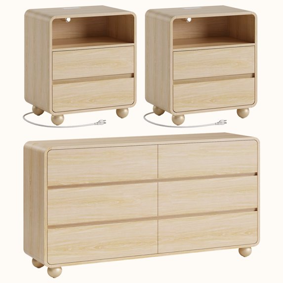 Aufeile Bedroom Dresser and Nightstand 3 Piece Set, 53" 6 Drawer Wood Dresser & Nightstand Set of 2 with Charging Station, Modern Curved Bedroom Furniture Set, Chest of Drawers, Natural