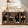 Aufeile Buffet Sideboard Cabinet, Arched Glass Door Storage Accent Cabinet with Adjustable Shelf for Kitchen Dining Living Room, Walnut Set of 2