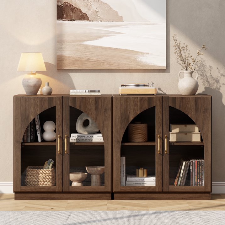 Aufeile Buffet Sideboard Cabinet, Arched Glass Door Storage Accent Cabinet with Adjustable Shelf for Kitchen Dining Living Room, Walnut Set of 2