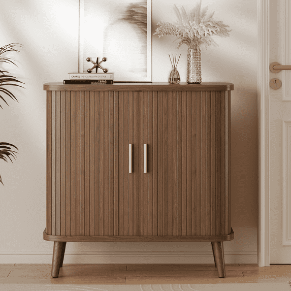 Aufeile Buffet Sideboard Cabinet, Modern Storage Cabinet with Sliding Doors and Adjustable Shelf for Kitchen, Dining Living Room, Entryway, Walnut
