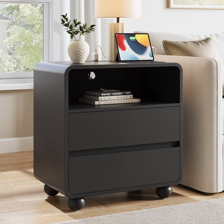 Aufeile Curved Wood End Table with Charging Station, 23.6" Large Side Table with 2 Drawers & Storage Shelf, Modern Accent End Table for Living Room or Bedroom, Black