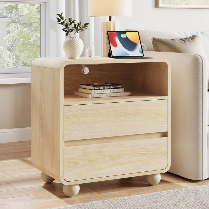 Aufeile Curved Wood End Table with Charging Station, 23.6" Large Side Table with 2 Drawers & Storage Shelf, Modern Accent End Table for Living Room or Bedroom, Natural