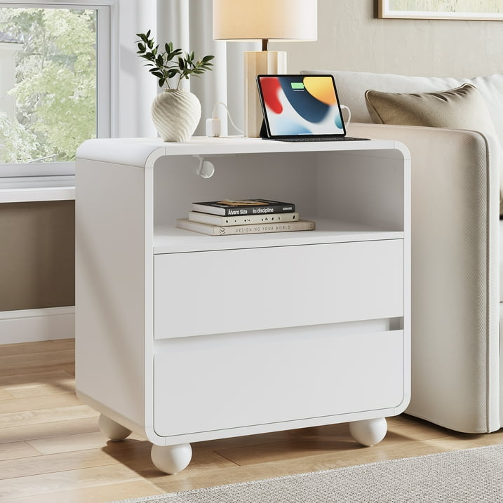 Aufeile Curved Wood End Table with Charging Station, 23.6" Large Side Table with 2 Drawers & Storage Shelf, Modern Accent End Table for Living Room or Bedroom, White