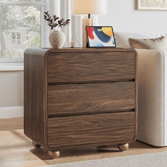Aufeile Curved Wood Nightstand, Modern Bedside Table with Charging Station & 3 Drawers, Round Ball Legs, Walnut