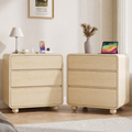 Aufeile Curved Wood Nightstand Set of 2, Modern Bedside Table with Charging Station & 3 Drawers, Round Ball Legs, Natural Oak