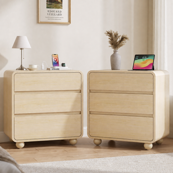 Aufeile Curved Wood Nightstand Set of 2, Modern Bedside Table with Charging Station & 3 Drawers, Round Ball Legs, Natural Oak