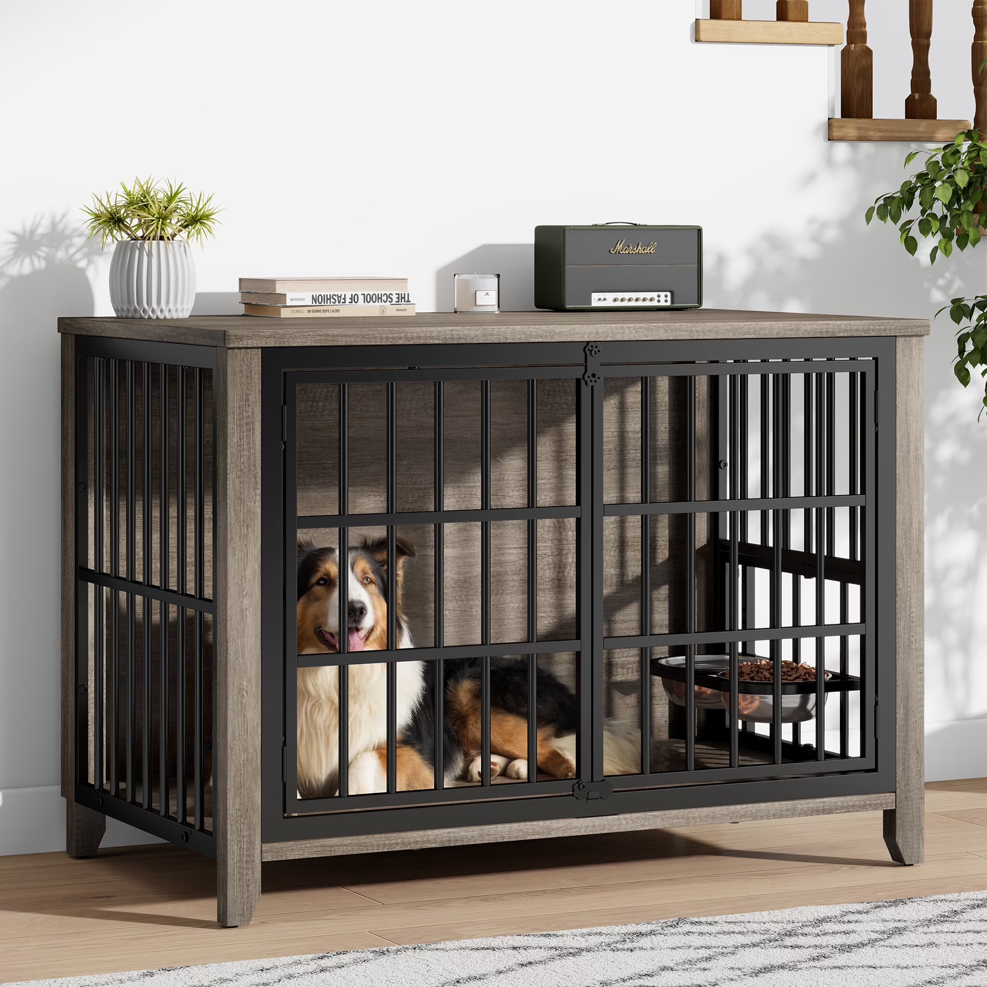 Aufeile Dog Crate with 2 Adjustable Dog Bowls