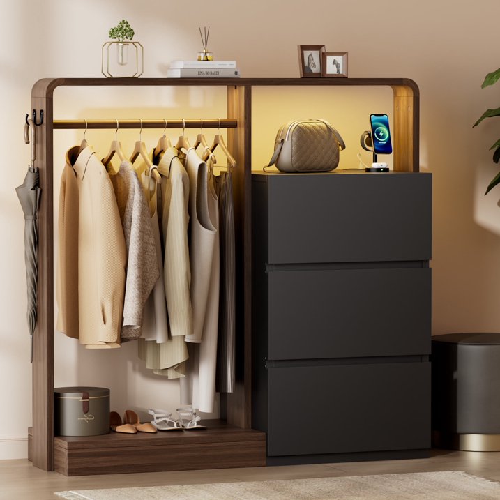 Aufeile Dresser for Bedroom, 3 Drawer Dresser with Hanging Rod, LED Lights & Charging Station, Modern Wood Storage Dresser Chest for Bedroom, Closet, Entryway, Black