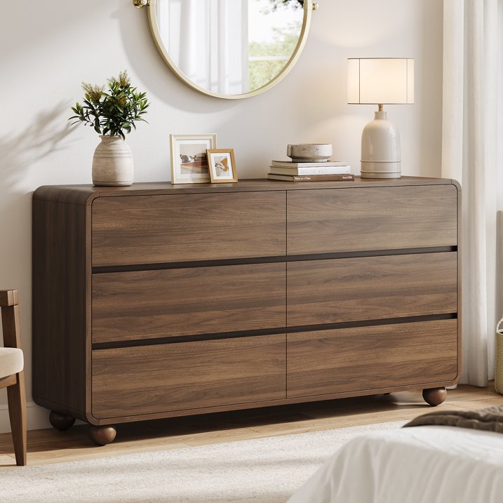 Aufeile Dresser for Bedroom, 6 Drawer Dresser & Chest of Drawers, 53" Modern Chest of Drawers with Curved Profile Design, Wood Dresser Storage Organizer for Adults, Walnut