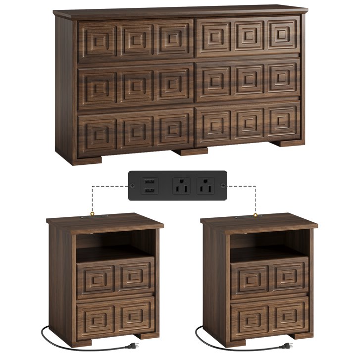 Aufeile Dresser and Nightstand 3 Piece Set - Includes Double 6 Drawer Farmhouse Dresser, Nightstand Set of 2 with Charging Station, Vintage Bedroom Set, Walnut