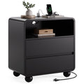 Aufeile End Table with Charging Station, 23.6" Wood Side Table with 2 Drawers & Open Shelf, Modern Accent Table for Living Room, Bedroom or Bedside, Black