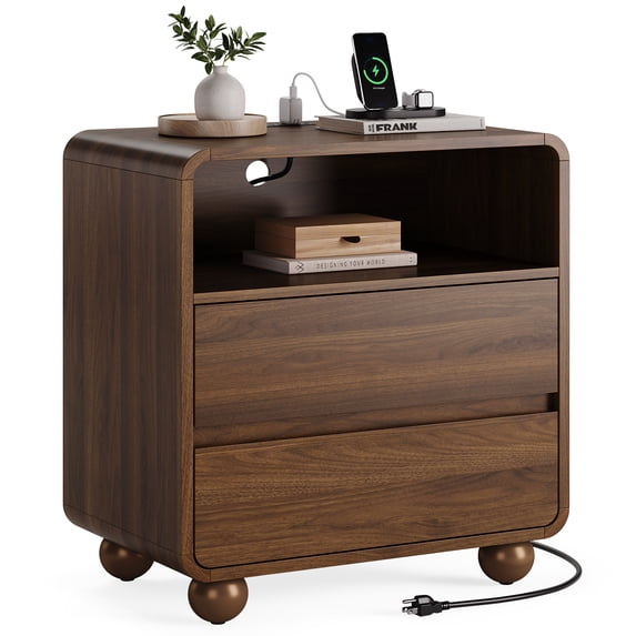 Aufeile End Table with Charging Station, 23.6" Wood Side Table with 2 Drawers & Open Shelf, Modern Accent Table for Living Room, Bedroom or Bedside, Walnut