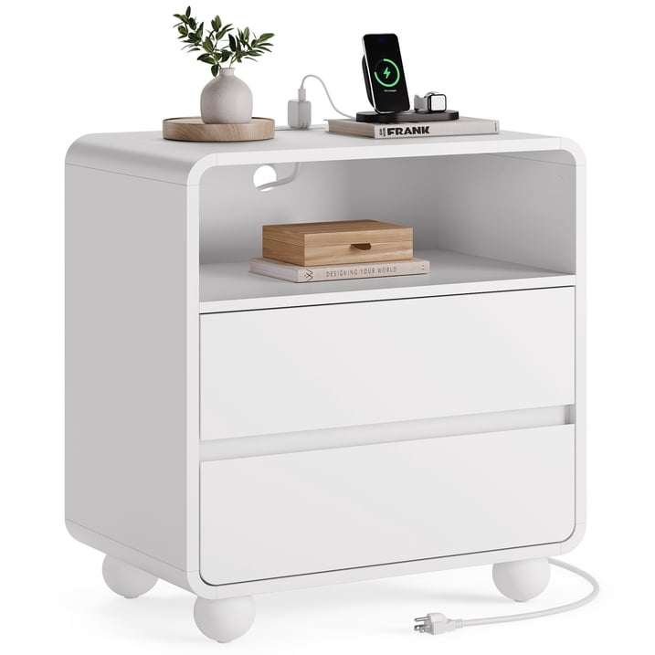 Aufeile End Table with Charging Station, 23.6" Wood Side Table with 2 Drawers & Open Shelf, Modern Accent Table for Living Room, Bedroom or Bedside, White