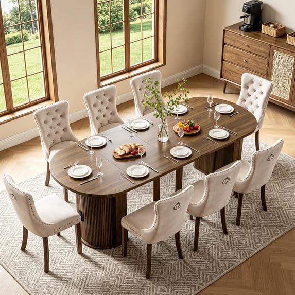 Aufeile Extendable Dining Table Set for 8, 43"-72" Wood Kitchen Table & 8 Faux Leather Chairs, Modern Dining Room Furniture, Walnut