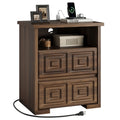 Aufeile Farmhouse 2-Drawer Nightstand, Rustic Sofa Side Table with USB & AC Outlets for Bedroom, End Tables for Living Room, Brown