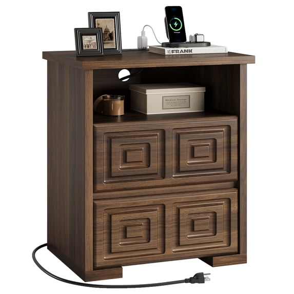 Aufeile Farmhouse 2-Drawer Nightstand, Rustic Sofa Side Table with USB & AC Outlets for Bedroom, End Tables for Living Room, Brown