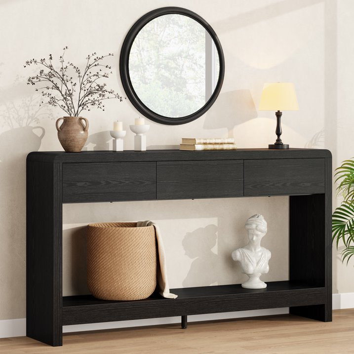Aufeile Farmhouse Entryway Table, 55" Console Tables for Entryway with 3 Drawers and Open Shelf, Sofa Table Behind Couch, Wooden Entry Table for Entrance, Living Room, Hallway, Black