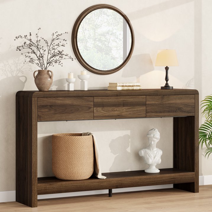 Aufeile Farmhouse Entryway Table, 55" Console Tables for Entryway with 3 Drawers and Open Shelf, Sofa Table Behind Couch, Wooden Entry Table for Entrance, Living Room, Hallway, Walnut