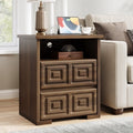 Aufeile Farmhouse Nightstand with Charging Station, Wood Nightstand with 2 Drawers & Open Shelf, Bedside Table for Bedroom, Small Side Table Stand for Living Room, Walnut