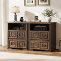 Aufeile Farmhouse Nightstand Set of 2, Rustic Sofa Side Table with USB & AC Outlets for Bedroom, End Tables with 2 Drawers for Living Room, Brown