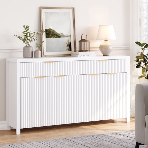 Aufeile Fluted Buffet Cabinet with 2 Drawers, 55L Large Sideboard Credenza with Adjustable Shelf for Dining Room Storage Cabinet, Kitchen Pantry Organizer, Coffee Bar Station, White
