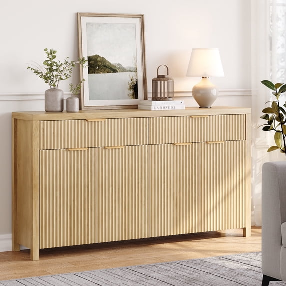Aufeile Fluted Buffet Cabinet with 2 Drawers, 55L Large Sideboard Credenza with Adjustable Shelf for Dining Room Storage Cabinet, Kitchen Pantry Organizer, Coffee Bar Station, Natural Oak