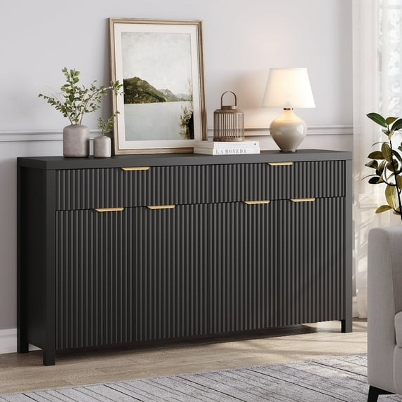 Aufeile Fluted Buffet Cabinet with 2 Drawers, 55L Large Sideboard Credenza with Adjustable Shelf for Dining Room Storage Cabinet, Kitchen Pantry Organizer, Coffee Bar Station, Black