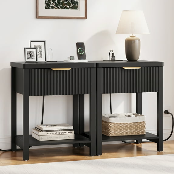 Aufeile Nightstand for Bedroom Set of 2 with Charging Station, Modern Side Table with Drawer & Open Shelf, Fluted End Table with 2 AC Outlets, USB & Type-C, Black