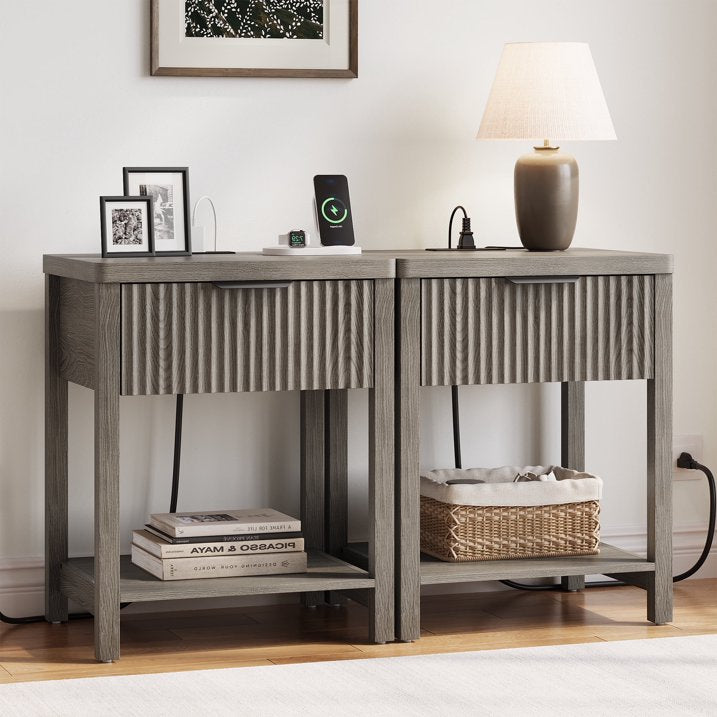 Aufeile Nightstand for Bedroom Set of 2 with Charging Station, Modern Side Table with Drawer & Open Shelf, Fluted End Table with 2 AC Outlets, USB & Type-C, Dark Gray