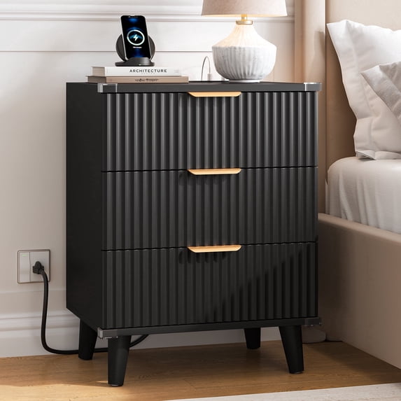 Aufeile 3 Drawer Nightstand with Charging Station, Modern Wood Night Stand for Bedroom, Bedside Table with Wave Panel, Wood Sofa Side End Table for Bedroom, Living Room, Black