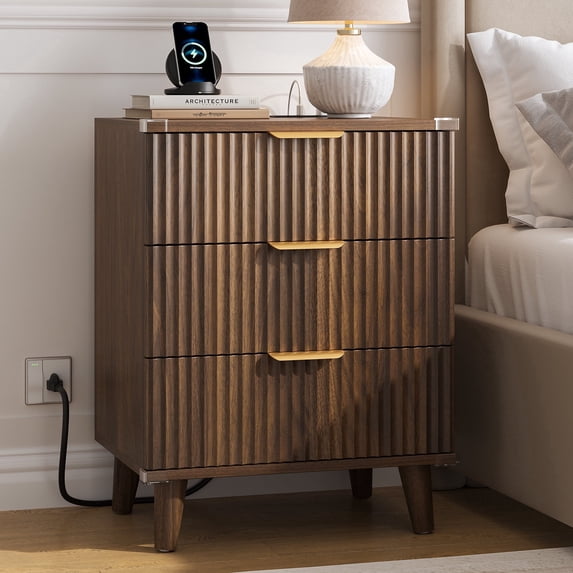 Aufeile 3 Drawer Nightstand with Charging Station, Modern Wood Night Stand for Bedroom, Bedside Table with Wave Panel, Wood Sofa Side End Table for Bedroom, Living Room, Walnut