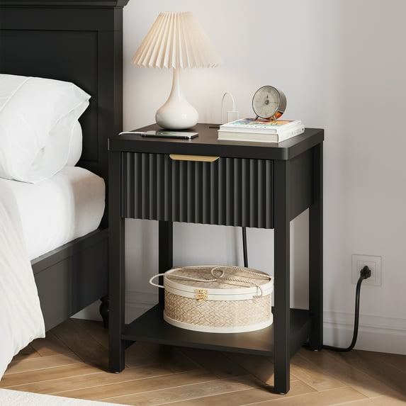 Aufeile Fluted Nightstand with Charging Station, Modern Bedside Table with Drawer & Open Shelf, End Table with 2 AC Outlets, USB & Type-C Ports for Bedroom or Living Room, Black