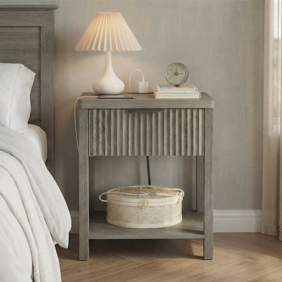 Aufeile Fluted Nightstand with Charging Station, Modern Bedside Table with Drawer & Open Shelf, End Table with 2 AC Outlets, USB & Type-C Ports for Bedroom or Living Room, Dark Grey Oak
