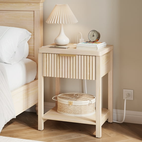 Aufeile Fluted Nightstand with Charging Station, Modern Bedside Table with Drawer & Open Shelf, End Table with 2 AC Outlets, USB & Type-C Ports for Bedroom or Living Room, Natural