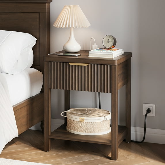 Aufeile Fluted Nightstand with Charging Station, Modern Bedside Table with Drawer & Open Shelf, End Table with 2 AC Outlets, USB & Type-C Ports for Bedroom or Living Room, Walnut