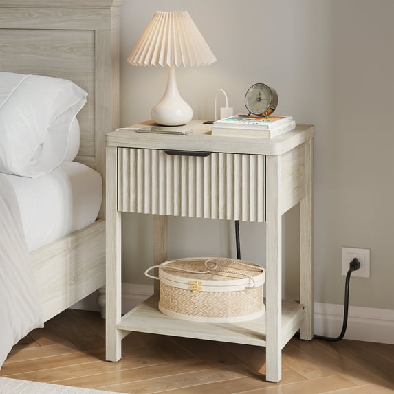 Aufeile Fluted Nightstand with Charging Station, Modern Bedside Table with Drawer & Open Shelf, End Table with 2 AC Outlets, USB & Type-C Ports for Bedroom or Living Room, White Oak