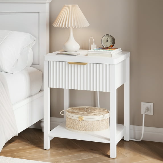 Aufeile Fluted Nightstand with Charging Station, Modern Bedside Table with Drawer & Open Shelf, End Table with 2 AC Outlets, USB & Type-C Ports for Bedroom or Living Room, White
