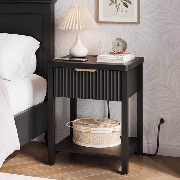 Aufeile Fluted Nightstand with Charging Station, Bedside Table with Drawer & Open Shelf, Small Wood Nightstand with 2 AC Outlets USB & Type-C, Bedroom Side Table, Black