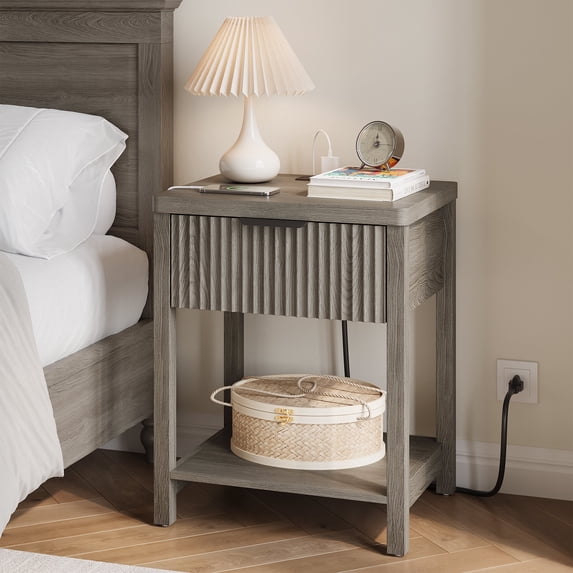 Aufeile Fluted Nightstand with Charging Station, Bedside Table with Drawer & Open Shelf, Small Wood Nightstand with 2 AC Outlets USB & Type-C, Bedroom Side Table, Dark Gray