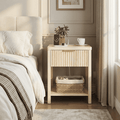Aufeile Fluted Nightstand with Charging Station, Bedside Table with Drawer & Open Shelf, Small Wood Nightstand with 2 AC Outlets USB & Type-C, Bedroom Side Table, Natural