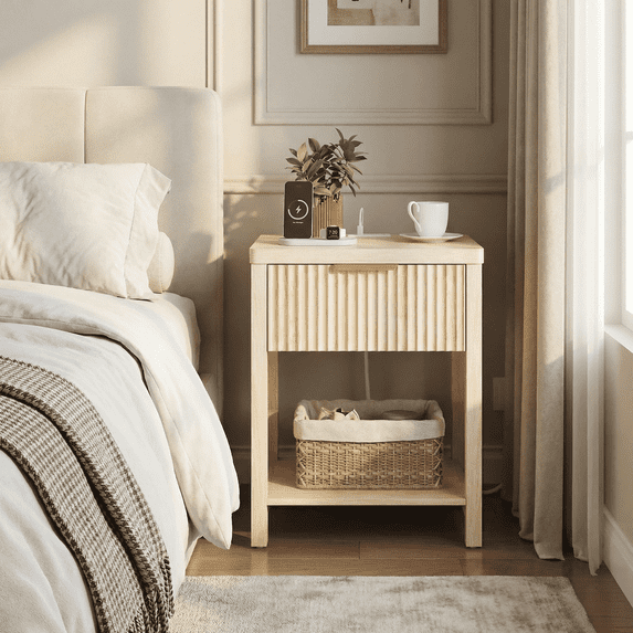 Aufeile Fluted Nightstand with Charging Station, Bedside Table with Drawer & Open Shelf, Small Wood Nightstand with 2 AC Outlets USB & Type-C, Bedroom Side Table, Natural